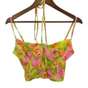 ASOS Design Floral Halter Neck Ruched Crop Top Neon Yellow Pink Green Size 2‎
